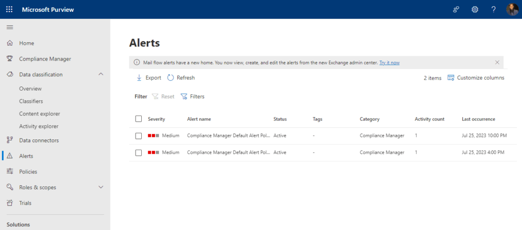 alerts section in the navigation