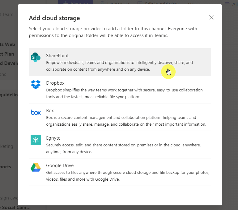 choose sharepoint as cloud storage