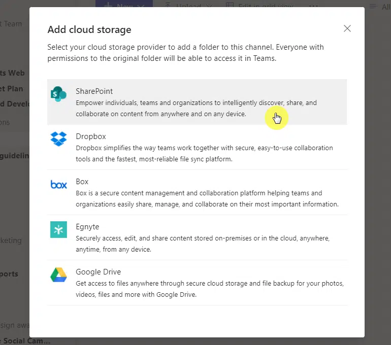 choose sharepoint as cloud storage