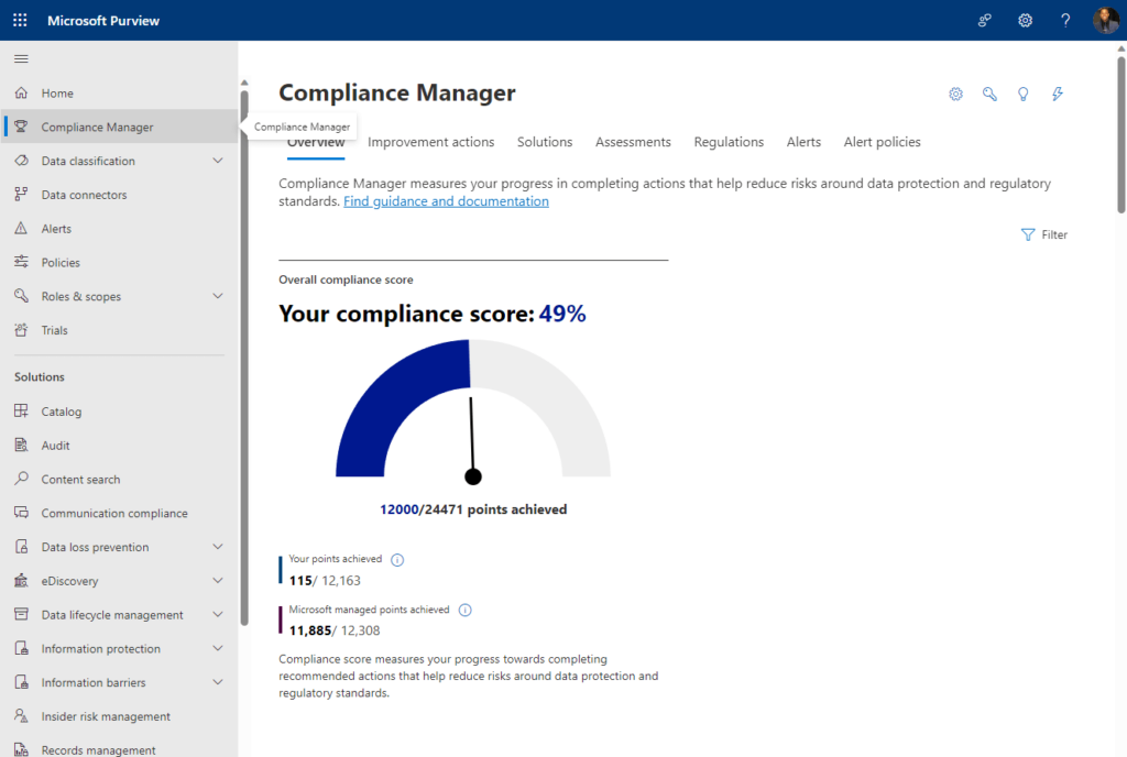 compliance manager section in the navigation