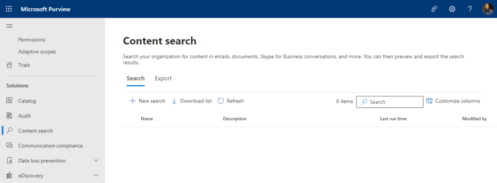 content search in the compliance center