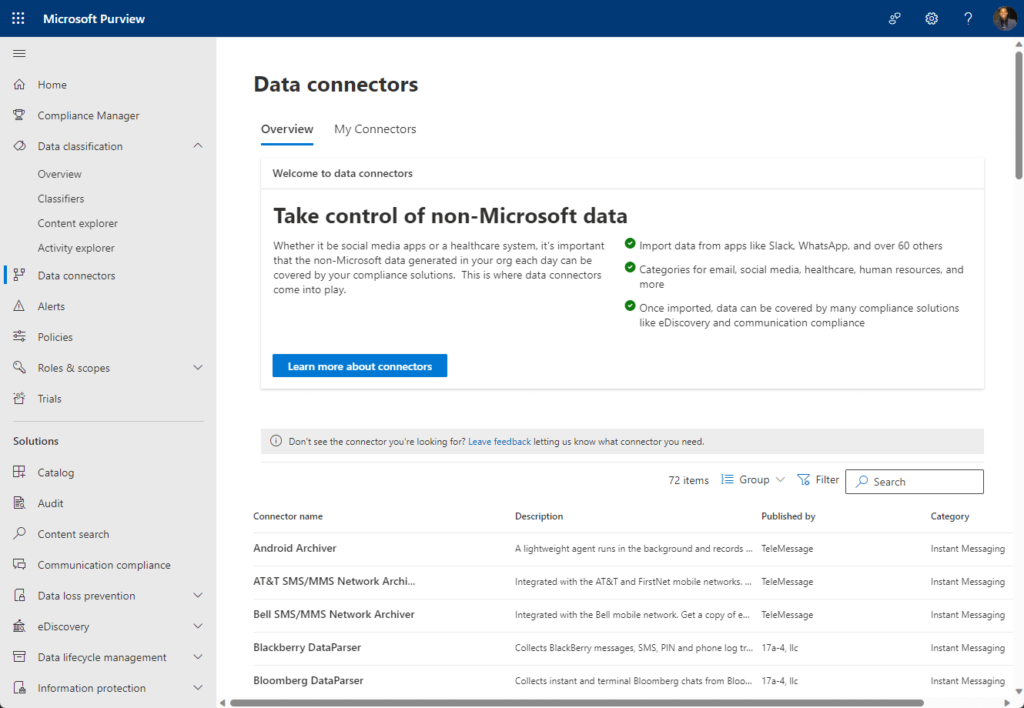 data connectors section in the navigation