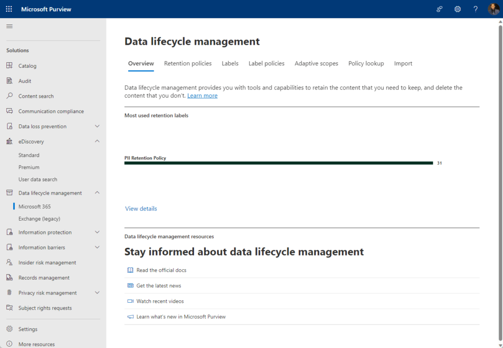 data lifecycle management in the compliance center