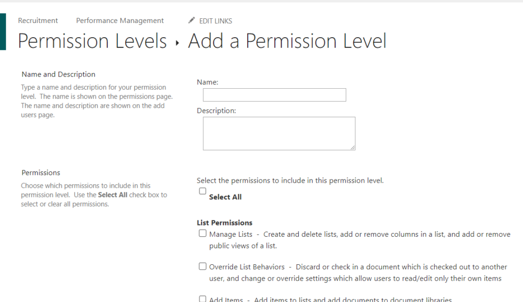 name and description of new permission level