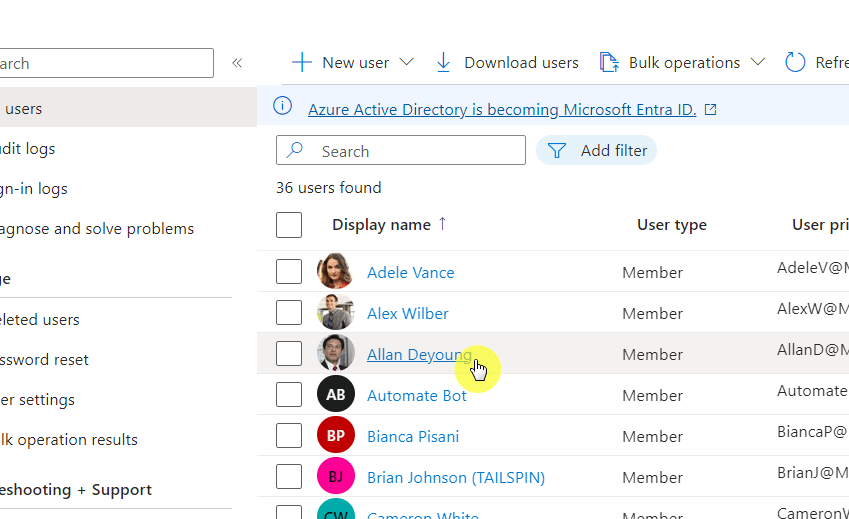 click the display name of the user to manage