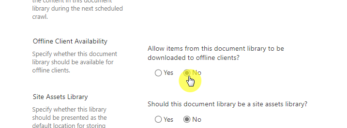 disable offline availability of the document library