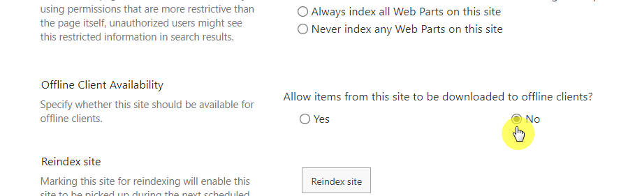 disallow items for this site to be downloaded to offline clients