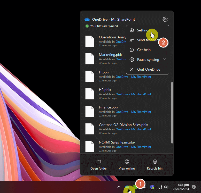 onedrive settings in the taskbar