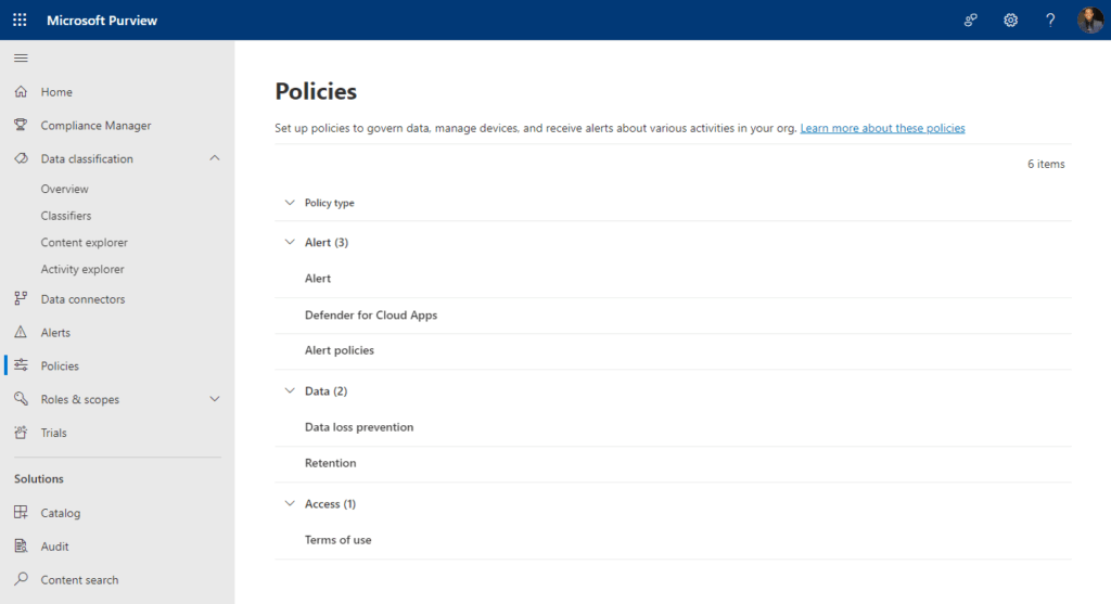 policies section in the navigation