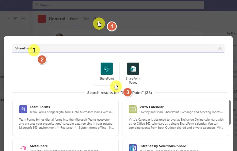 search for the sharepoint app in teams