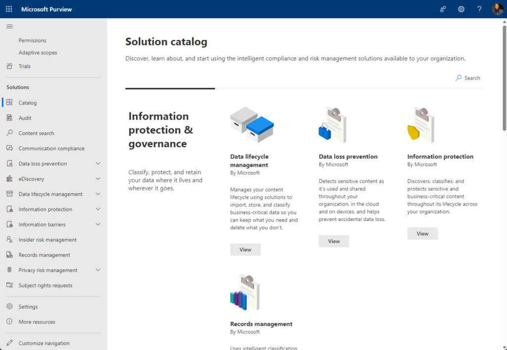 solution catalog in the compliance center
