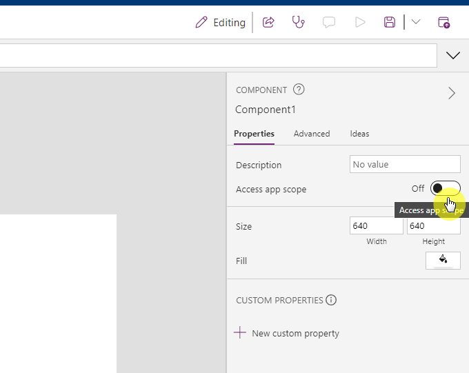 enable the access app scope from the properties pane