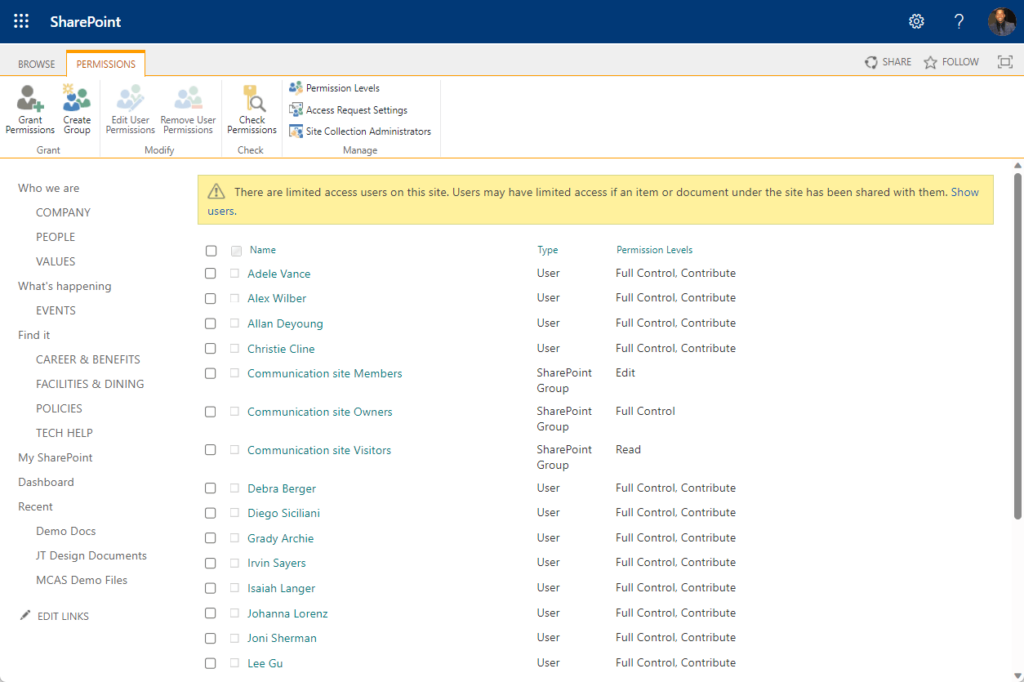 advanced permissions page