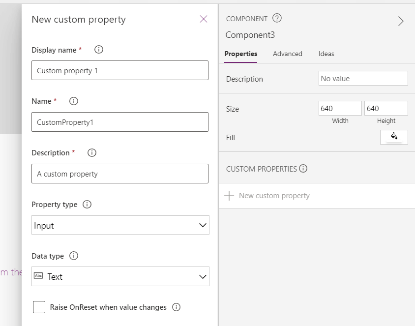 set the component properties on the right pane