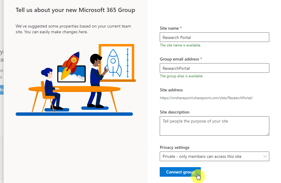 create and connect the new group to the team site