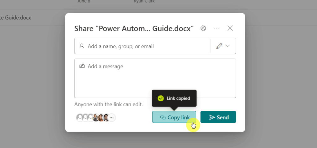 copy link of a sharepoint file to share
