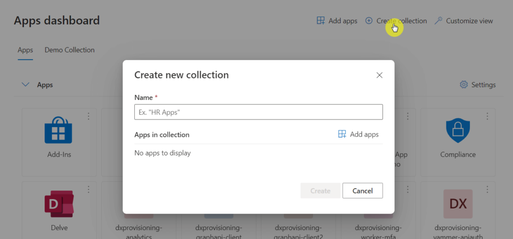 find the create collection button