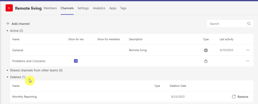 restoring deleted channels in microsoft team