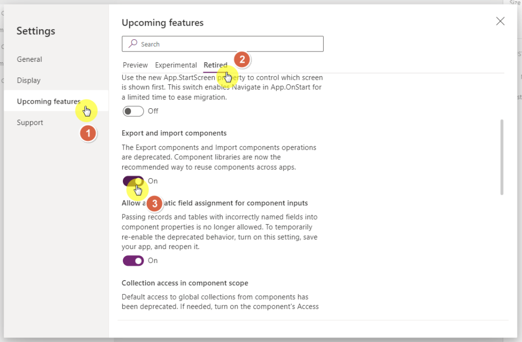 bring back retired features in power apps