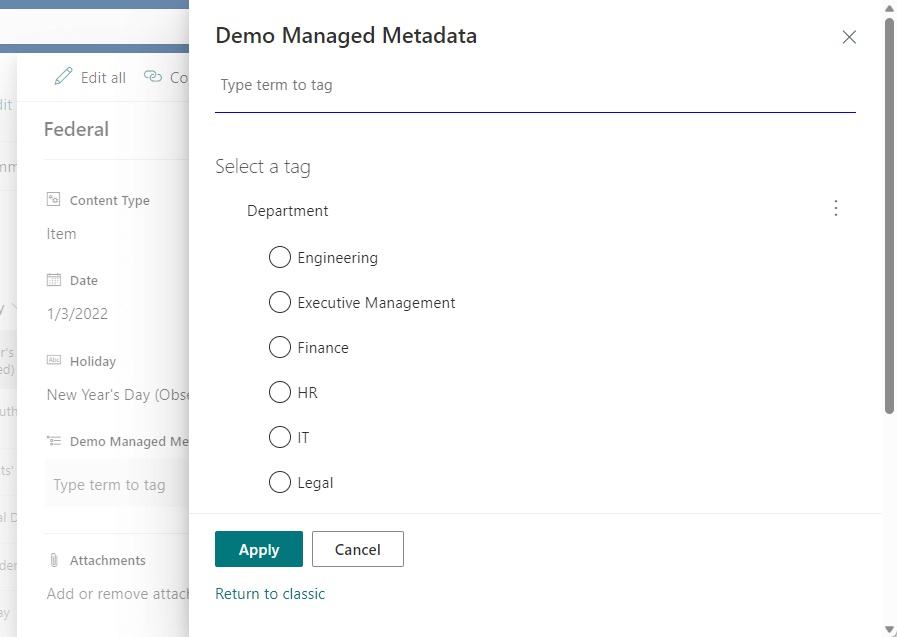 filling out the managed metadata column
