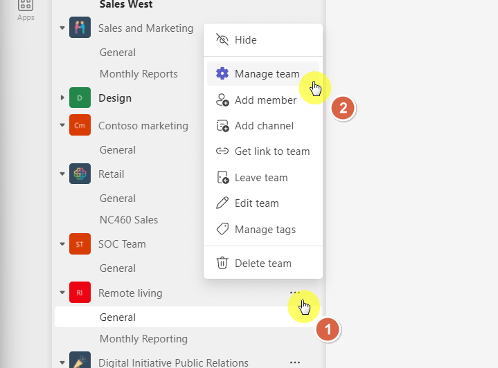 manage team option from the team list