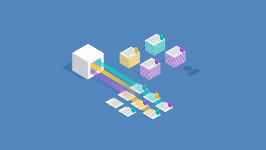 An isometric illustration showing a central information source applying colored tags to documents, which are then sorted into neat piles by color for easy retrieval