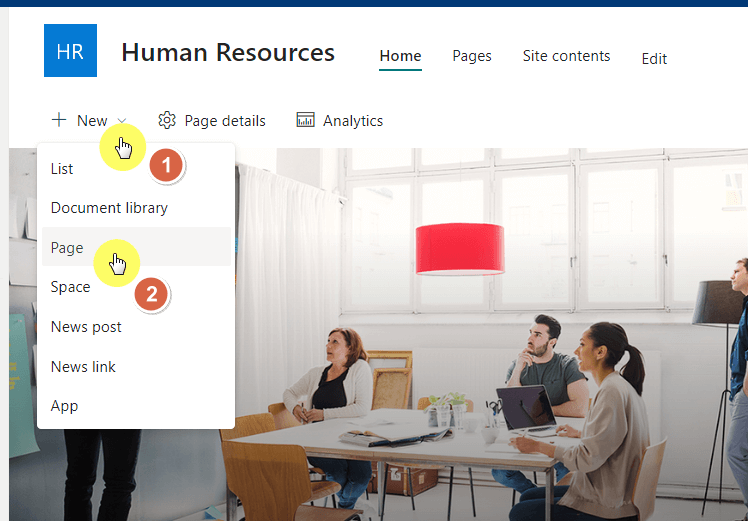 create a new page from the home page