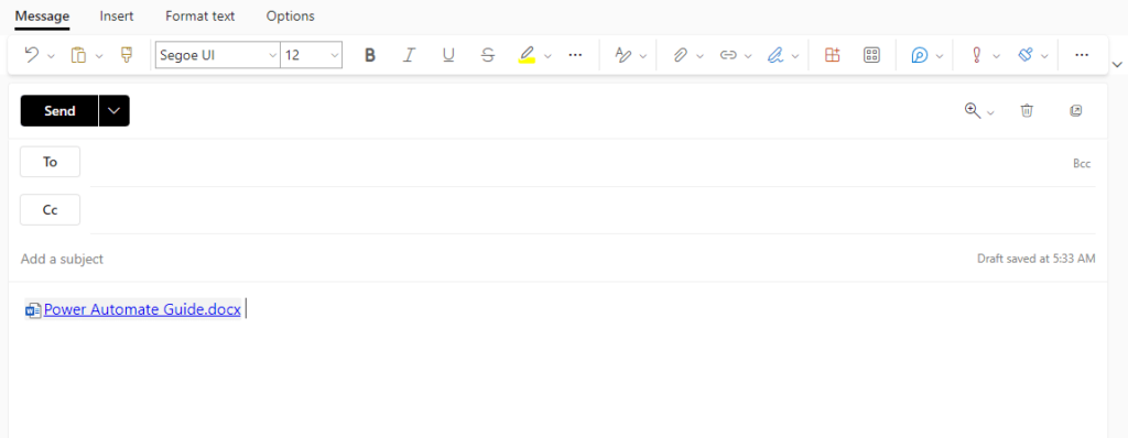 empty outlook email window with an attached file