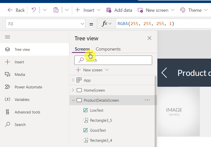 make it easier to insert components in the screens view