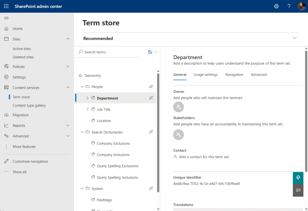 the term store in the sharepoint admin center