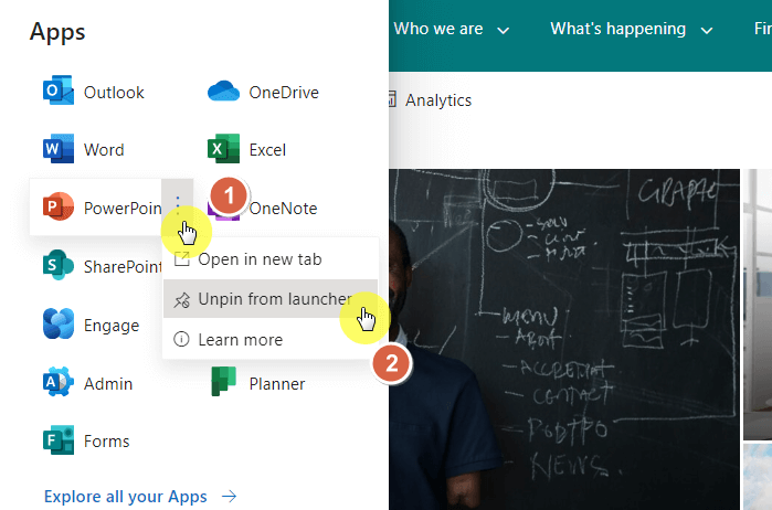 unpin the app from the office 365 app launcher