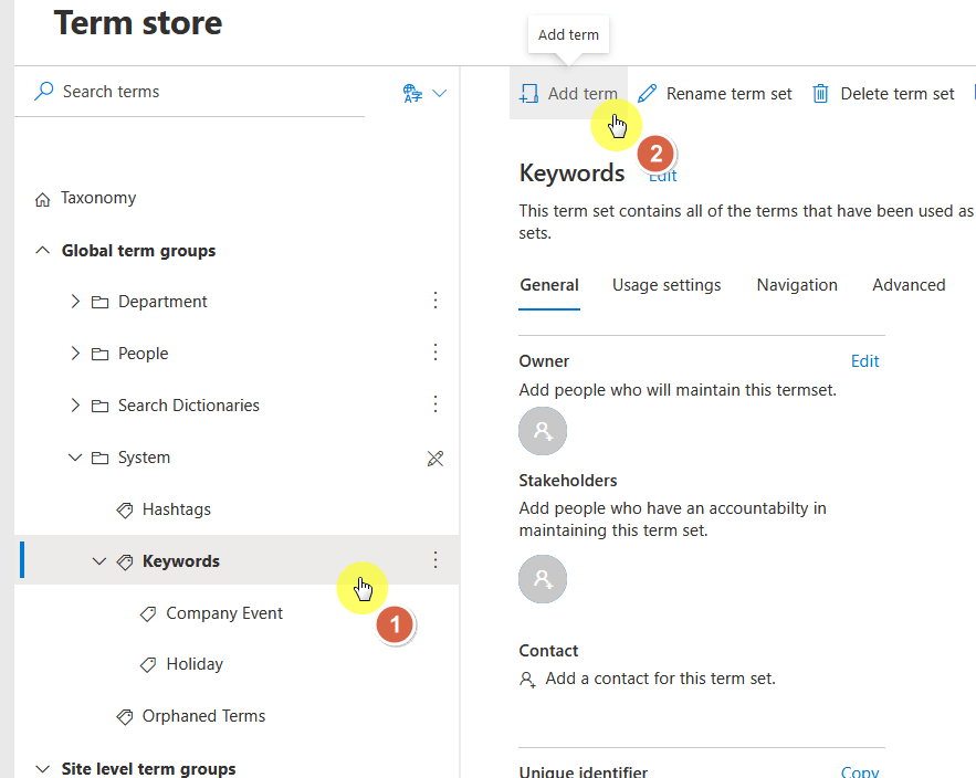 go to the keywords set first before adding a term