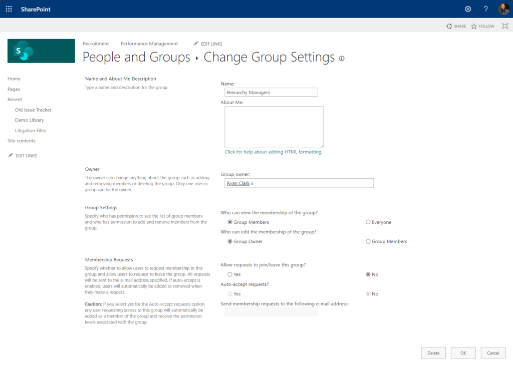 the actual page where you can change the group settings
