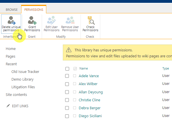 restore the permission inheritance of the site pages library