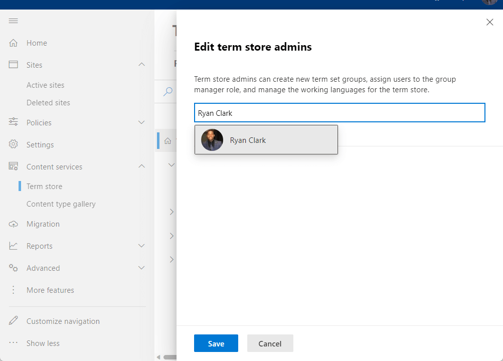 add or removew term store admins