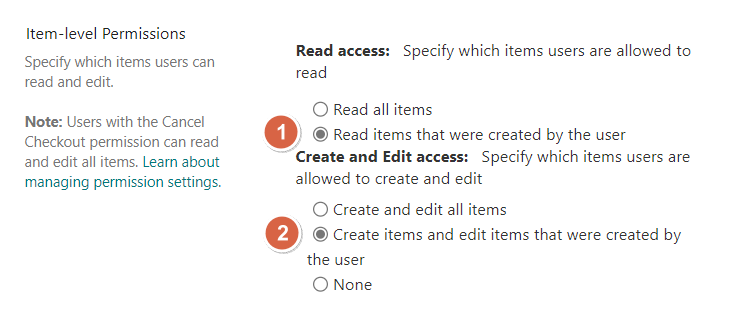 the option to specify which items users can read and edit
