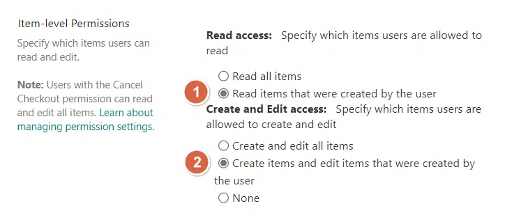 the option to specify which items users can read and edit