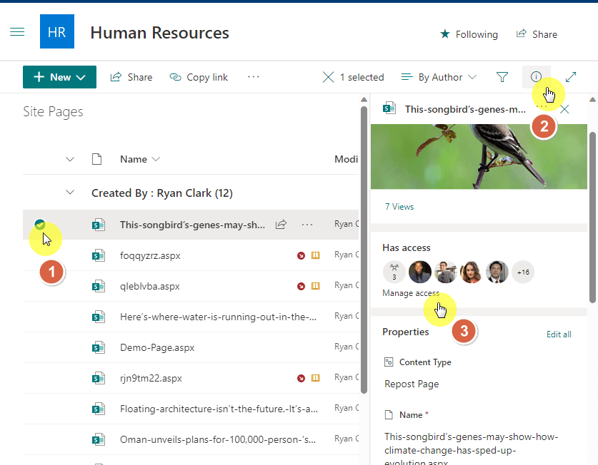 manage the access level of that page