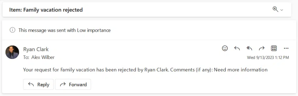 email that states the request is rejected and the comment