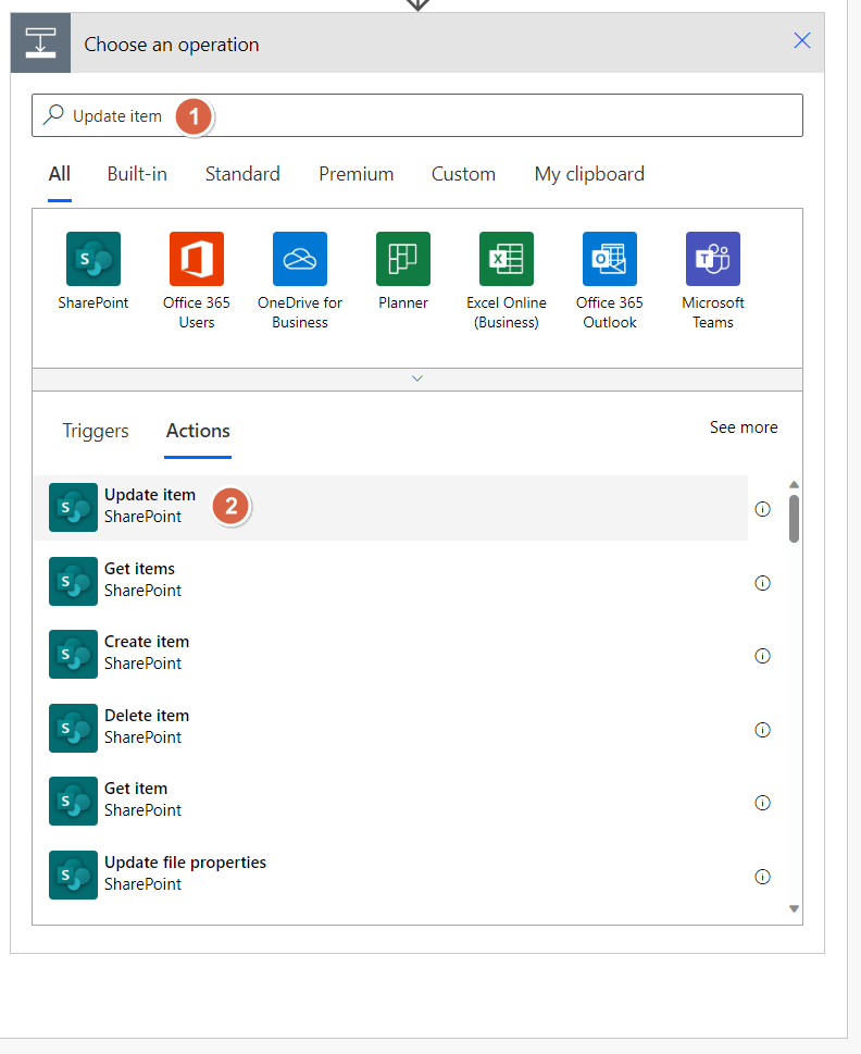 select the update item sharepoint option