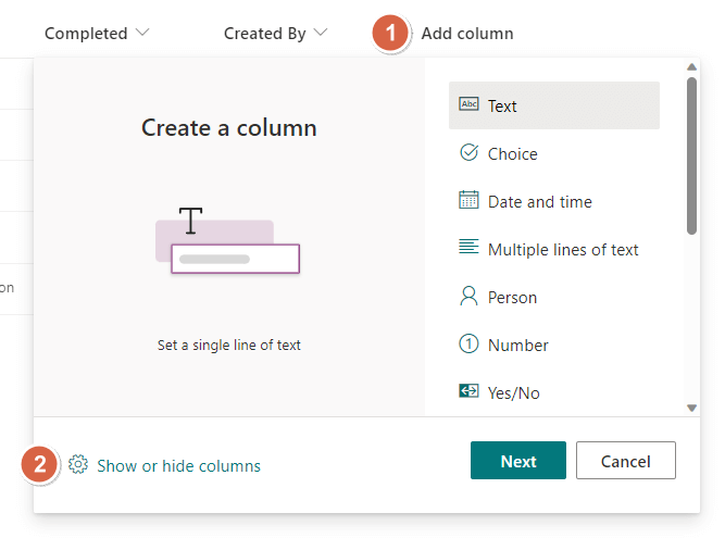the option to show or hide columns