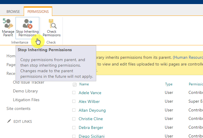 stop the library from inheriting parent permissions