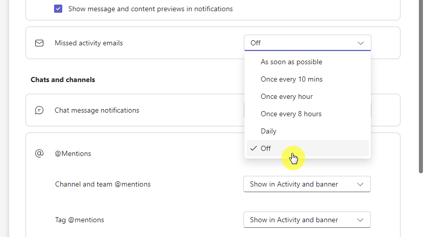 turn off the missed activity emails notification
