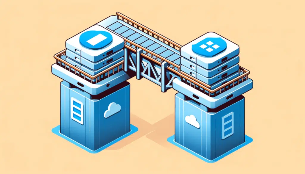 Illustration of a sturdy bridge connecting two platforms. On one side is the SharePoint platform, and on the other is File Explorer. This symbolizes the seamless integration and guidance provided in the article.