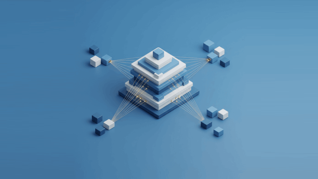 An isometric illustration of an organized, central structure being built from smaller blocks on a blue background, representing a governance plan