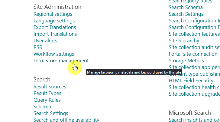 A cursor hovers over the Term store management link under Site Administration on a website settings page. A tooltip says, Manage taxonomy metadata and keyword used by this site.