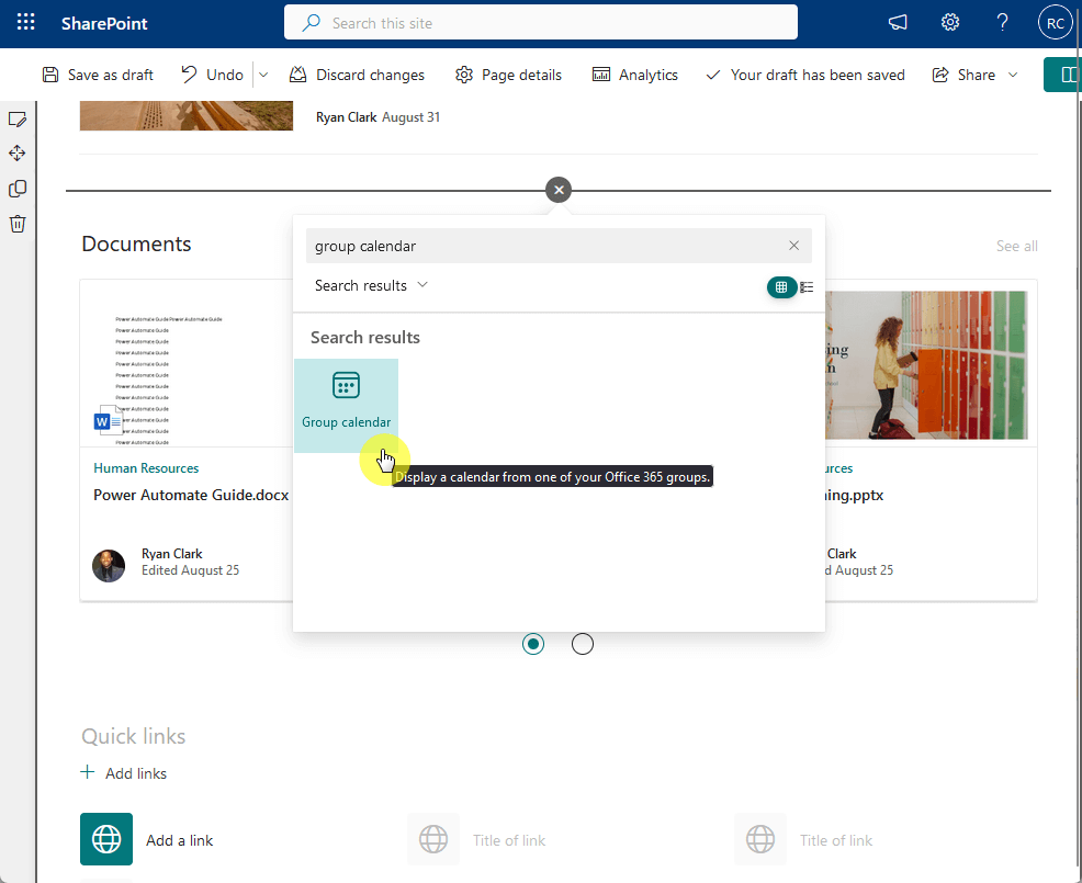 add a new group calendar web part to the page