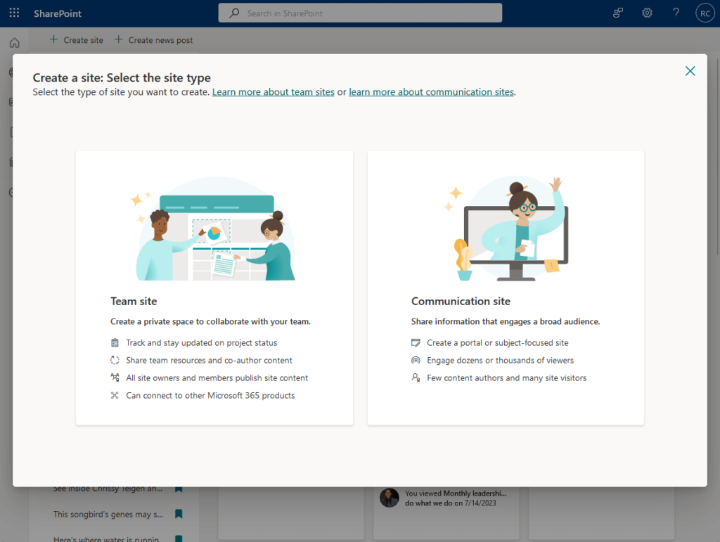 create a site: select the site type