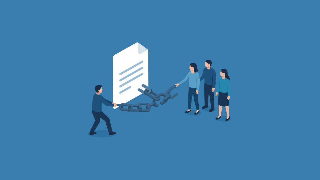 A person pulls a chain attached to a document while a group of people hold the other end