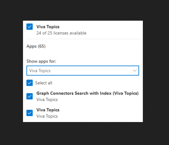 selecting the license for viva topics